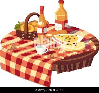 Picnic basket filled with food and wine Stock Vector