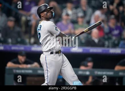 Miami Marlins designated hitter Jorge Soler (12) in the third inning of a  baseball game Thursday, May 25, 2023, in Denver. (AP Photo/David Zalubowski  Stock Photo - Alamy