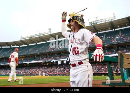 ANAHEIM, CA - MAY 19: Los Angeles Angels center fielder Mickey Moniak (16)  running towards first base during an MLB baseball game against the  Minnesota Twins played on May 19, 2023 at