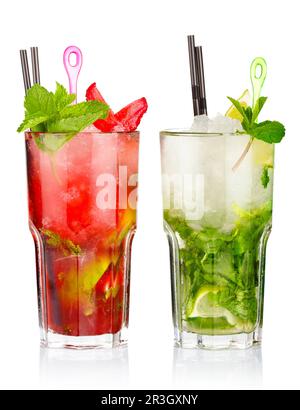 Two mojito cocktails with strawberry and lime fruits isolated on white background Stock Photo