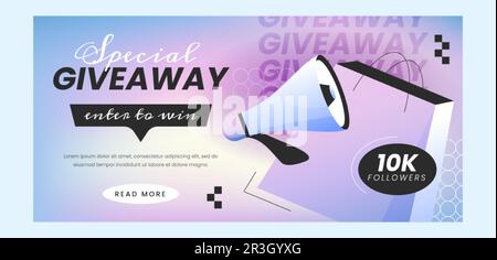 Giveaway 10k followers banner template with megaphone and prize. Social media trendy poster design for website announcement, special event or internet advertising vector illustration. Stock Vector