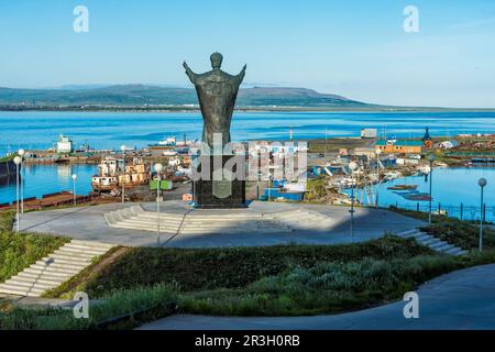 Saint Nicholas statue, Siberian town of Anadyr, Chukotka Province, Russian Far East Stock Photo