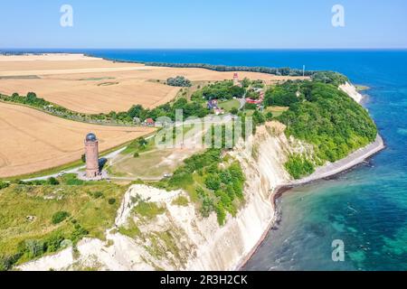 Aerial view of Cape Arkona on the island of RÃ¼gen on the Baltic Sea with lighthouse and chalk cliffs in Germany Stock Photo