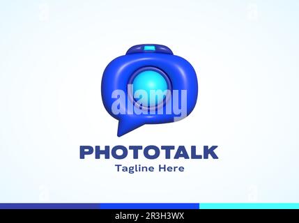 Inflated 3D Photo Chat Abstract Vector Logo Template. Modern Style Camera and Talking Cloud Concept Sign. Speech bubble incorporated into photocamera Stock Vector