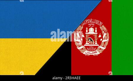 Flag of Ukraine and Afghanistan - 3D illustration. Two Flag Together - Fabric Texture. National symb Stock Photo