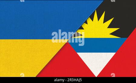 Flag of Ukraine and Antigua and Barbuda - 3D illustration. Two Flags Together - Fabric Texture Stock Photo