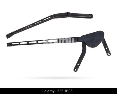 A pair of black plastic wipers on a white isolated background with rubber brushes for cleaning from dirt, dust or rain without hampering the driver's Stock Photo