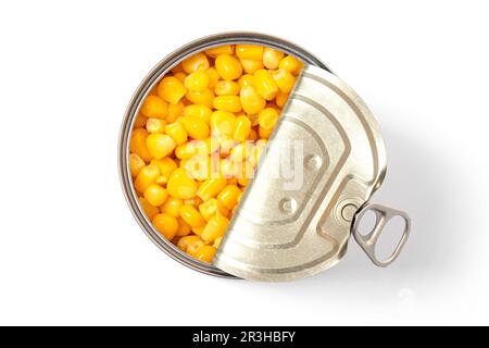 Sweet canned corn isolated on white background. Corn in a can top view.With clipping path Stock Photo