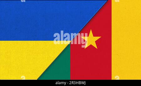 Flag of Ukraine and Cameroon - 3D illustration. Two Flags Together - Fabric Texture Stock Photo