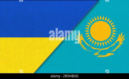 Flag of Ukraine and Kazakhstan. Two Flag Together - Fabric Texture. Union of two countries Stock Photo