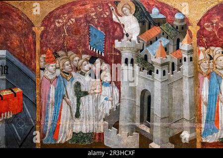 Rogation procession presided over by the pope before Hadrian's mausoleum, altarpiece of the saints archangels, Gabriel Moger, 1407, tempera on wood, Puig de Pollensa monastery of the virgin Mary, Majorca, Spain. Stock Photo