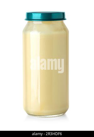 Small Glass Jar of Baby Food  Isolated on white background Cut Out. Stock Photo