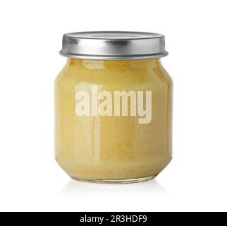 Small Glass Jar of Baby Food  Isolated on white background Cut Out. Stock Photo