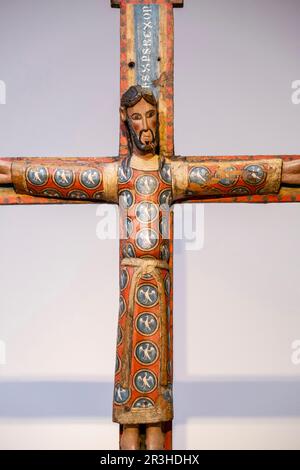 Anonymous Catalan, Majesty of Christ on the cross, Carved and polychrome wood, Late 12th century, Museo de Bellas Artes, Bilbao, Spain. Stock Photo