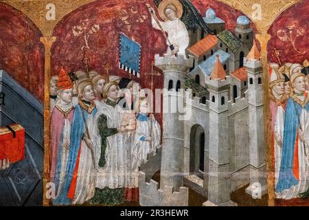 Rogation procession presided over by the pope before Hadrian's mausoleum, altarpiece of the saints archangels, Gabriel Moger, 1407, tempera on wood, Puig de Pollensa monastery of the virgin Mary, Majorca, Spain. Stock Photo