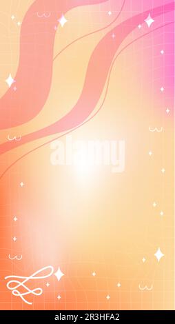 Trendy yellow orange pink blurry mesh gradient abstract storic template background with copy space and hand drawn Kawaii Y2K line and wave elements Stock Vector