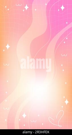 Trendy yellow orange pink blurry mesh gradient abstract storic template background with copy space and hand drawn Kawaii Y2K line and wave elements Stock Vector