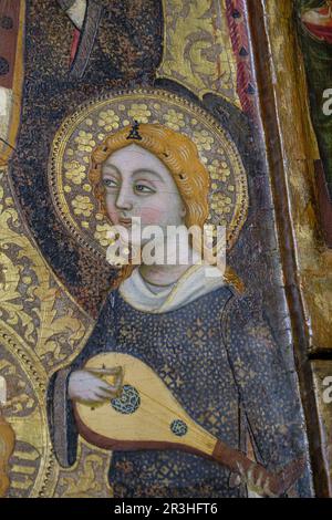 angel with Moorish guitar, Mother of God of humility with musical angels altarpiece, Francesc Comes, 1390-94, Parish of La Mare de Deu dels Angels, pollensa museum, Majorca, Balearic Islands, Spain. Stock Photo