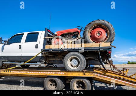 Big rig tow semi truck transports on the step down semi trailer small broken truck with old out of service red tractor on its flat bed trailer running Stock Photo