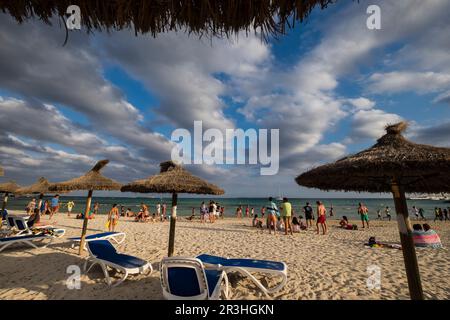 umbrellas, Sa Rapita beach, protected natural area, Campos, Mallorca, Balearic Islands, Spain, Europe. Stock Photo