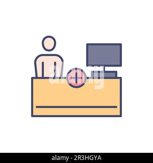 Reception related vector line icon. Person, table, computer, medical cross. Isolated on white background. Vector illustration. Editable stroke Stock Vector