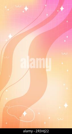 Trendy yellow orange pink blurry mesh gradient abstract storic template background with copy space and hand drawn Kawaii Y2K line and wave elements Stock Vector