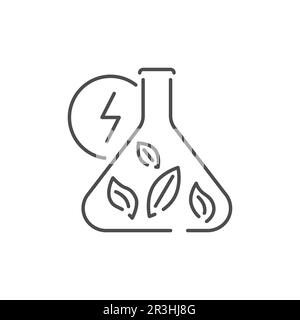 Biomass concept related vector linear icon. Laboratory flask with leaves and lightning. Ecological research. Eco energy and biofuel. Outline illustrat Stock Vector