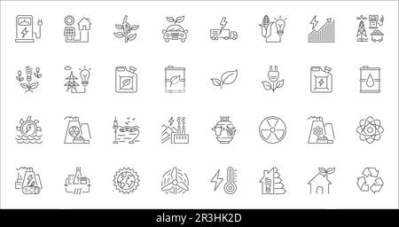 Energy related vector linear icon set. Energy industry. Electricity manufacturing technologies and modern facilities. Vector outline illustration Isol Stock Vector