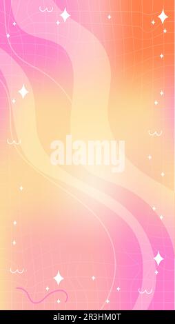 Trendy yellow orange pink blurry mesh gradient abstract storic template background with copy space and hand drawn Kawaii Y2K line and wave elements Stock Vector