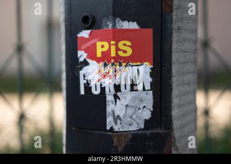Warsaw, Poland. 23rd May, 2023. A torn poster from an anti-government campaign is seen with the word 'PiS', the name of the governing Law and Justice party is seen on 23 May, 2023 in Warsaw, Poland. (Photo by Jaap Arriens/Sipa USA) Credit: Sipa USA/Alamy Live News Stock Photo