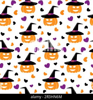 Endless pattern of pumpkin in a witch hat with smiling face and hearts around in trendy Halloween hues. Isolate. Design for wrapping, poster, banner, Stock Vector