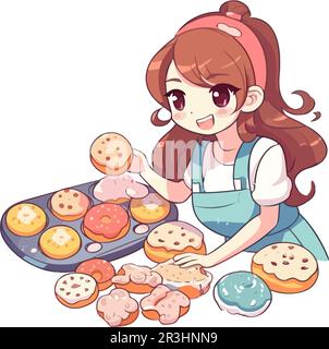 Cute child chef smiling, cooking delicious donuts Stock Vector