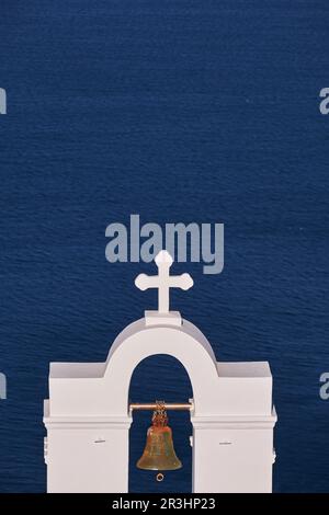 Three Bells of Fira, iconic blue domed church at dusk, Fira, Santorini ...