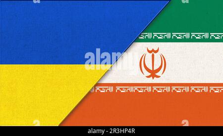 Flag of Ukraine and Iran. Two Flag Together - Fabric Texture. Union of two countries. National symbo Stock Photo