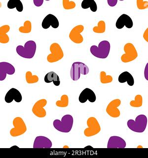 Seamless pattern of hand drawn colorful hearts in trendy Halloween hues. Abstract background texture. Isolate. Design for wrapping, poster, banner Stock Vector