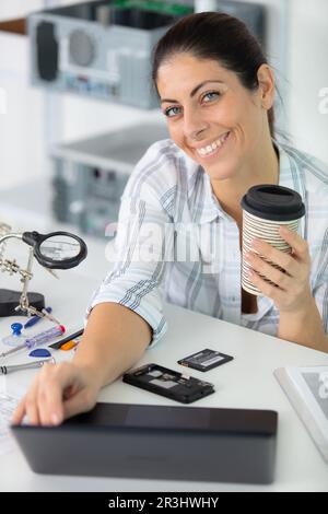 happy and successful computer technician Stock Photo