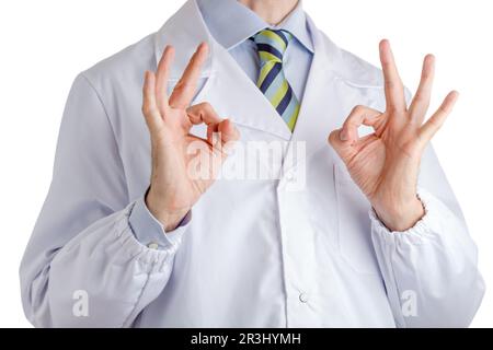 Man in medical coat making ok  with both hands Stock Photo