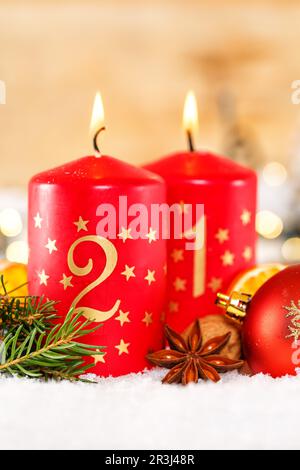 Second 2nd advent with candle christmas decoration advent vertical format Stock Photo