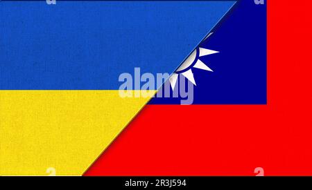 Flag of Ukraine and Taiwan - 3D illustration. Two Flags Together. National Symbols of Ukraine Stock Photo