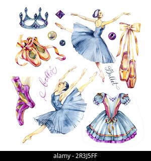 Set, collection of watercolor ballerinas, pointe shoes and pearl illustration, hand drawn isolated on a white background Stock Photo