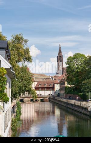 Old town of Strasbourg in France on the river Ill. In the background the Strasbourg Cathedral. Stock Photo