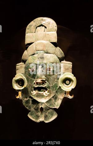 Jade funeral mask of ruler from Calakmul 600-750 AD, museum of Mayan Archaeology, Campeche city, Mexico Stock Photo