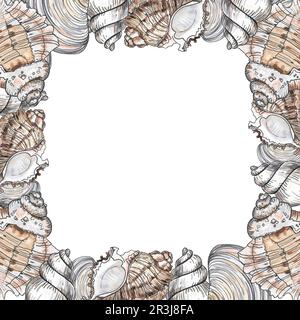 Seashells watercolor frame. Ideal for labels, postcards, articles, inscriptions, packaging, postcards. Stock Photo