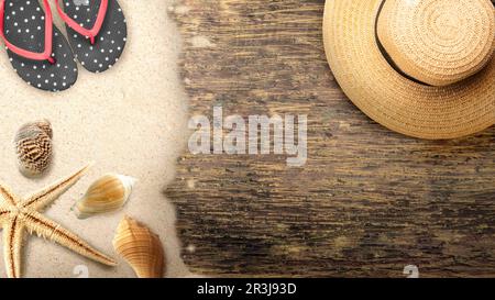 Seashells and starfish with slippers and hats on wooden floors on the sandy beach. Nature background Stock Photo