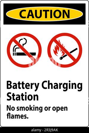 Caution Sign Battery Charging Station, No Smoking Or Open Flames Stock Vector