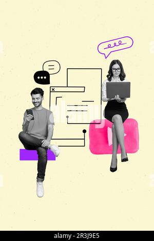 Photo collage of two business partners dialogue website chatting hold laptop messenger send documents telegram isolated on beige background Stock Photo