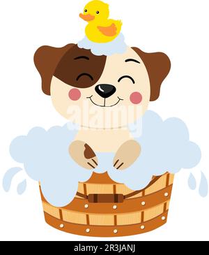 Cute dog taking a bath in wooden tub Stock Photo