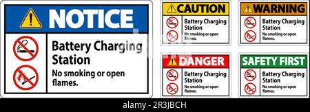 Caution Sign Battery Charging Station, No Smoking Or Open Flames Stock Vector