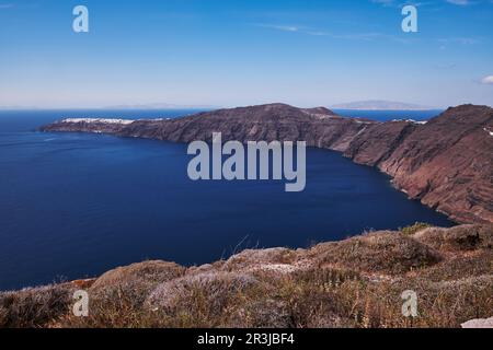 Panoramic Aerial View of Oia Village in Santorini Island, Greece - Traditional White Houses in the Caldera Cliffs Stock Photo