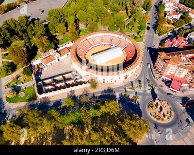 Bullring or plaza de toros building aerial panoramic view in Antequera. Antequera is a city in the province of Malaga, the community of Andalusia in S Stock Photo